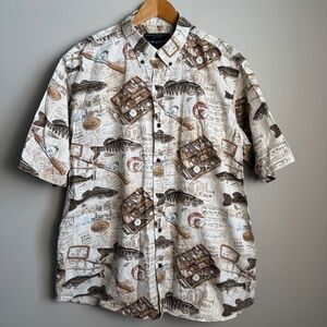 NORTH RIVER Men's Vintage Allover Fishing Print Short Sleeve Button Shirt Tan XL